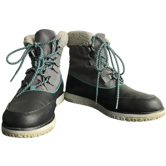 L.L Bean Booties Women Sz 7 Lite Black Gray Colorblock Leather Insulated Lace-Up - Picture 2 of 7